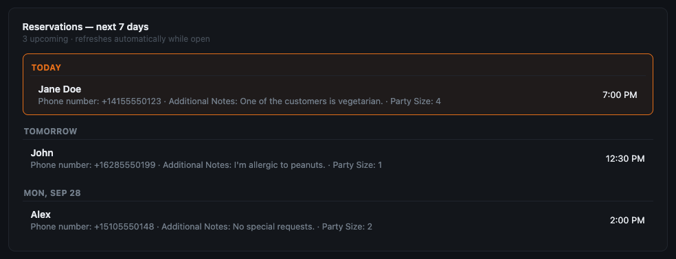 LineHost dashboard showing three upcoming reservations, grouped by Today, Tomorrow, and next week